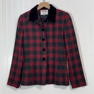 Kasper ASL Blazer Size 4 Red Plaid Wool Blend Velvet Collar Jacket VTG Preppy
